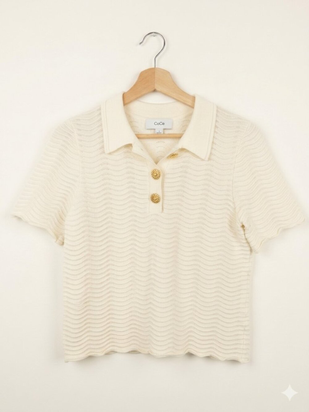 CeCe Scallop Texture Cropped Polo Shirt